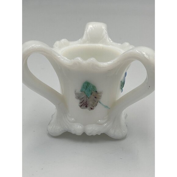 KEMPLE VTG Milk Glass Toothpick Holder Triple Handle Pansy Flower Design Cottage - Picture 3 of 6